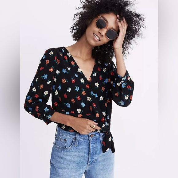 Madewell Tops - Madewell floral wrap shirt XXS black multi colorful cropped top party classic